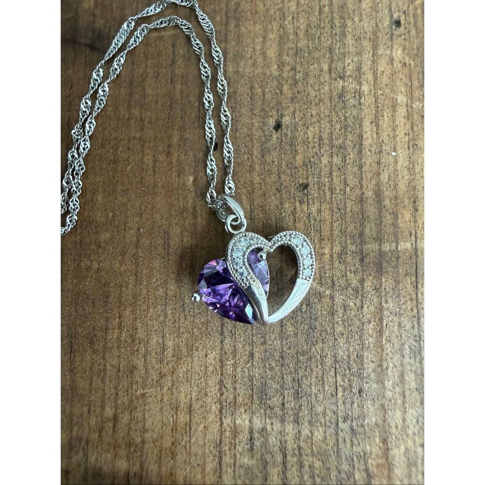 Jeulia 925 Silver Double Heart Pendant Necklace Amethyst CZ Stone Pendant